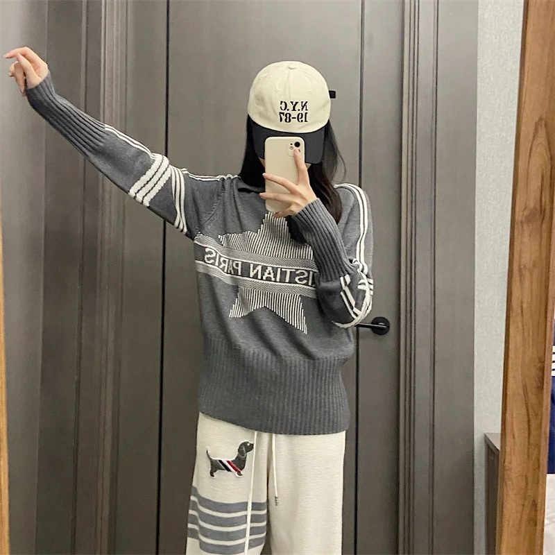Women's Collared Knitted Sweater Letter Embroidery Star Pattern Base irt Autumn Winter Faion Trendy Color Blo Top