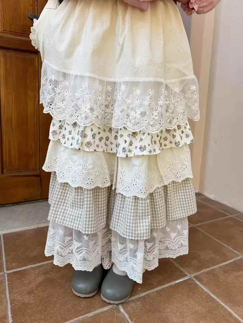 Women Vintage Kawaii Lolita Long Cake Skirt Sweet Japanese Style Lace Ruffled Patchwork High Waist Party Skirt Faldas Mujer