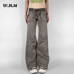 Casual Style Patchwork Drawstring High Waist Wide Leg Straight Pants Women's Fashion Loose Fit Vintage Full Length Trousers