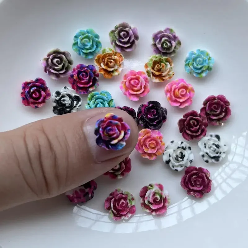 50pcs 10mm colorful flower Flat Back Resin Cabochon Scrapbook 3D flower Gems Stones flower applique Beads for DIY Crafts -