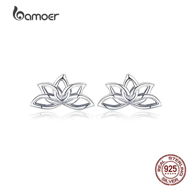 BAMOER New Arrival 925 Sterling Silver Lotus Flower Stud Earrings for Women Elegant Lotus Earrings Silver Jewelry Birthday Gifts