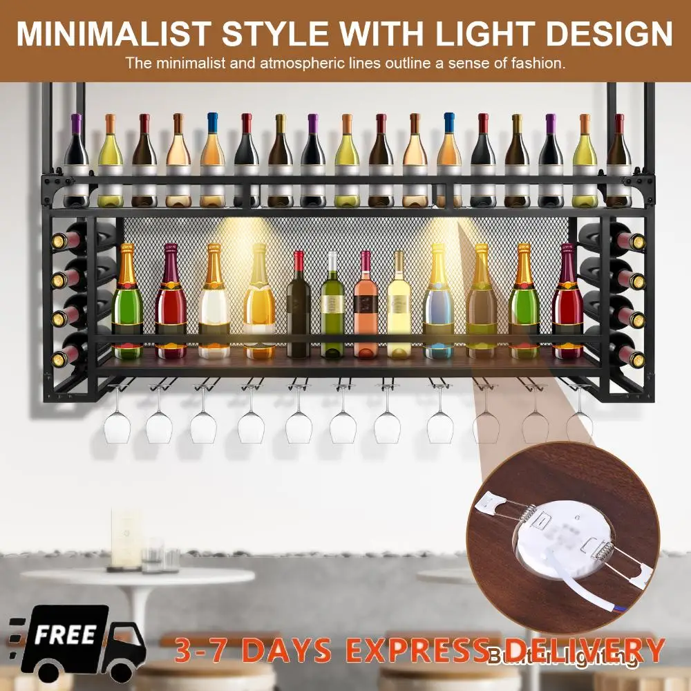 

Wall Mounted 2 -Tiers Bottle & Glass Holder Simple Type With Light Large Wine Bottles Display Shelf for Kitchen Dining Room Bar