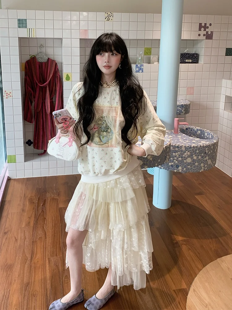 

Floral Print Long Sve Sweatirt Lace Trim Splicing Chiffon Asymmetrical f Skirt Two Piece Set Sweet Sle High Waist