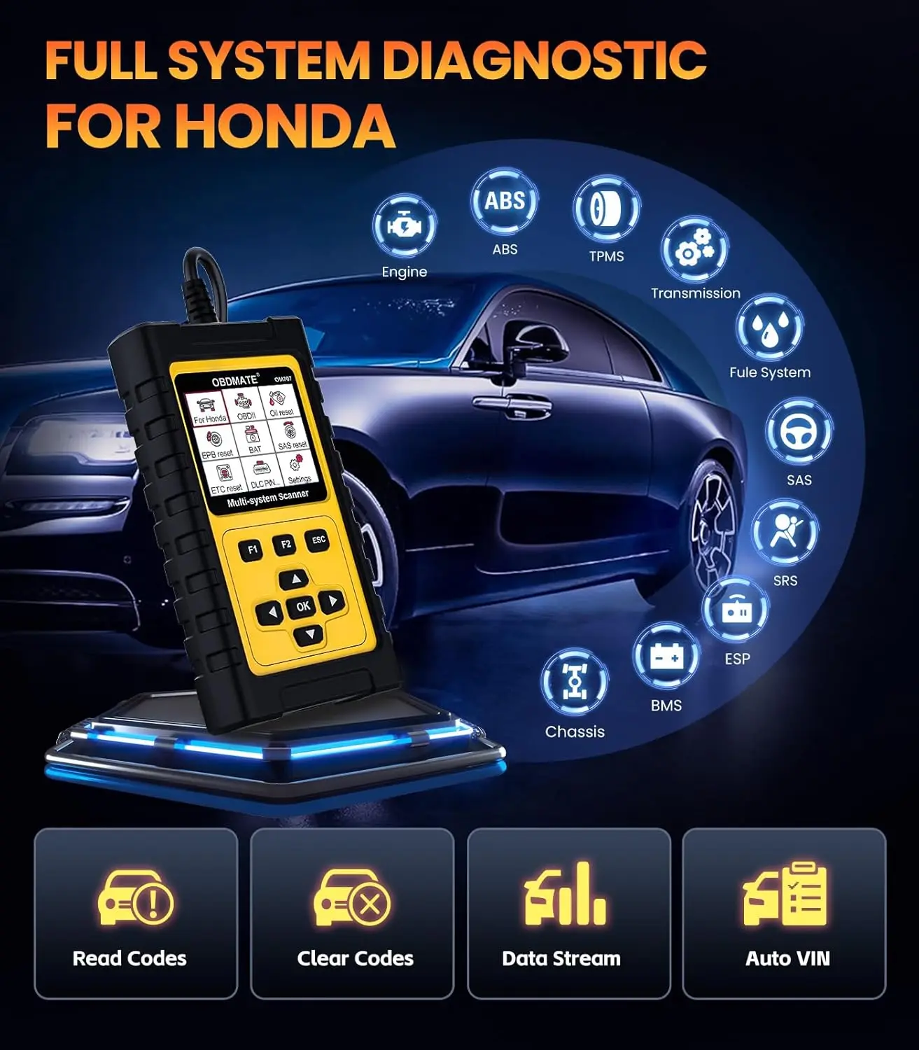 Professional OBD2 Scanner for Honda Acura Full Systems Diagnostic Tool 15 Popular Reset Services Oil EPB SAS TPMS Reset Tool