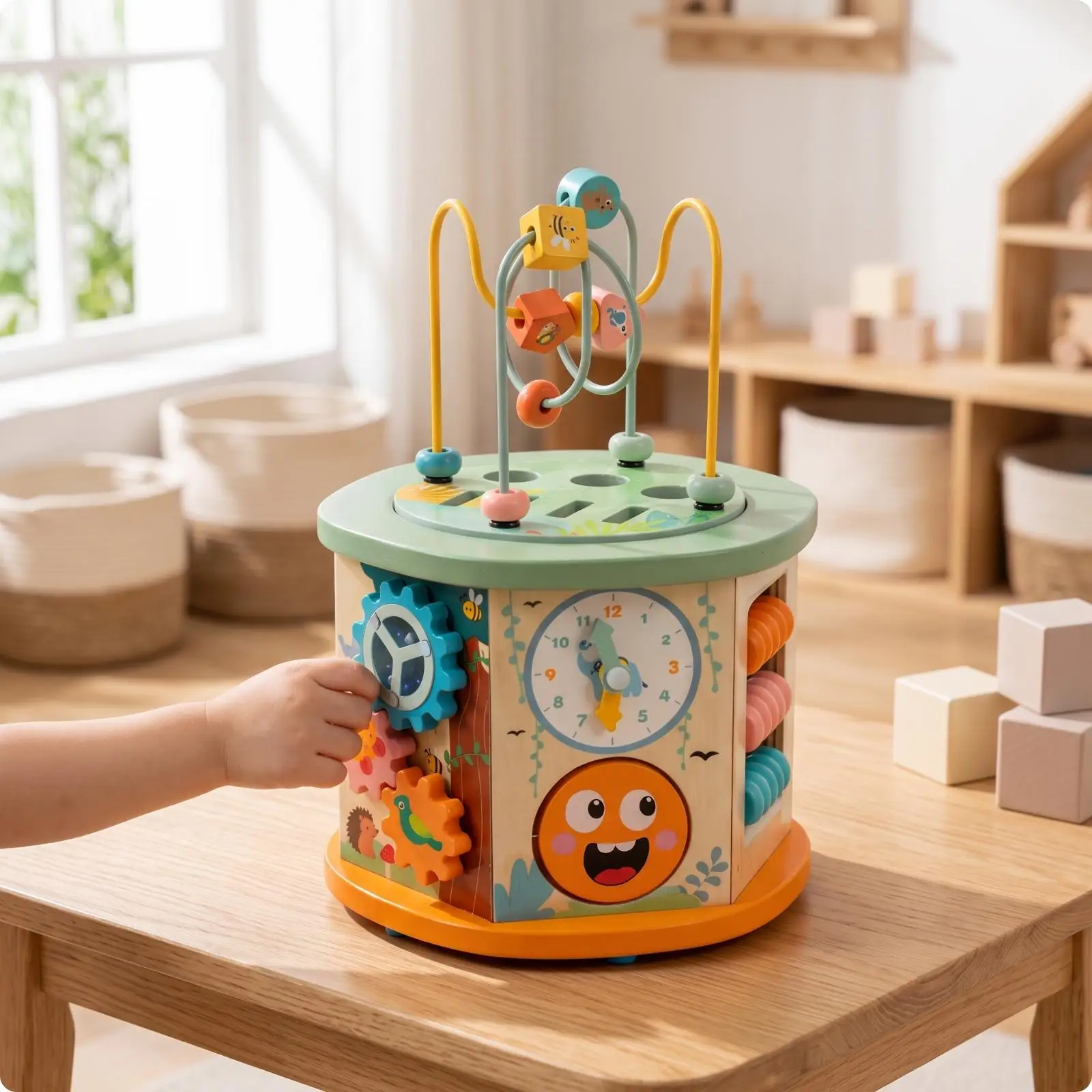 Toddler Wooden Learning Cube Activity Toy with Fishing Game and Shape Matching Montessori Educational Play Set for Children