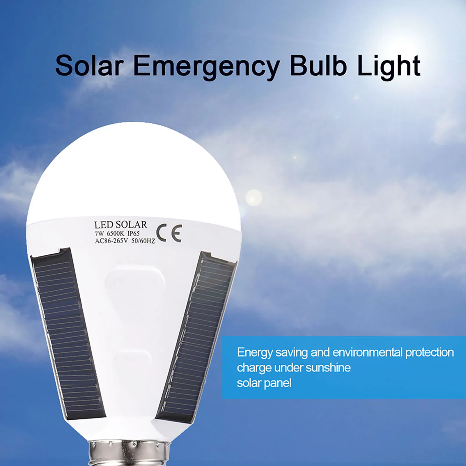 Solar Light Bulb E27 Base IP65 Waterproof 1200mAh Rechargeable Cold White 6500K Emergency