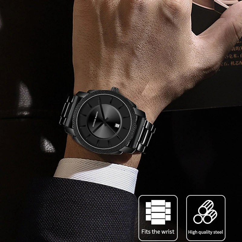 HANNAH MARTIN Watches for Men 1452 Black Luxury Quartz Watch Stainless Steel Strap Waterproof Mens Watches Relogios Masculino
