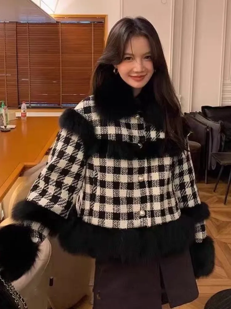 

Casual Fashion Fox Fur Coats For Woman Autumn Winter Checkerboard Fuzzy Long Sleeve Warm Short Jacket Party Basic Female Clothes