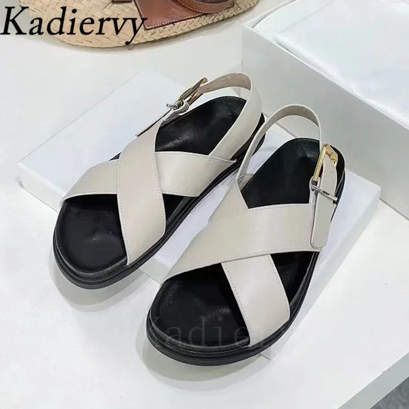 New Flat Sandals Woman Genuine Leather Cross Strap Holiday Beach Shoes Woman Thick Sole Roman Sandals Women Sandalias Mujer