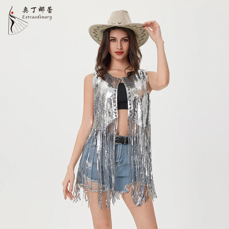 Womens Sequin Fringe Vests Glitter Open Front Cardigan Party Prom Rave Sleeveless Tassels Vest Jacket