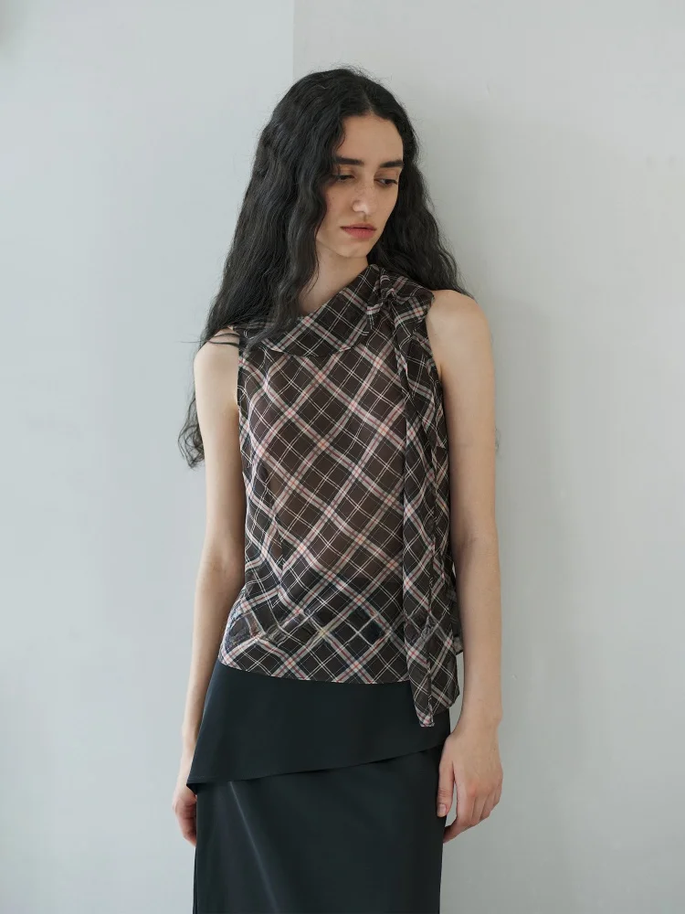 

AMOR Heavyweight Dyed Modern Plaid See-tough Ne Sa Svel Vest Top Women's Commute Sle Loose Fit Thin Summer