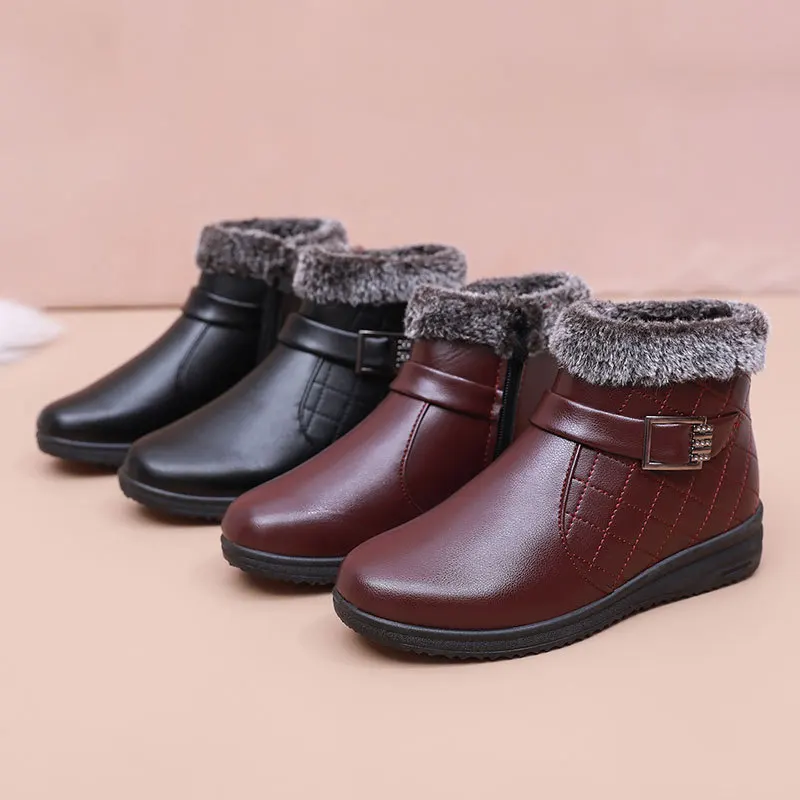 Ladies Winter Short Boots Warm Plush Female Flat Ankle Boots Comfy Safe Mom Non-slip Shoes PU Leather Waterproof Women Booties