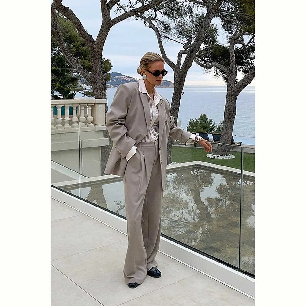 Luxury Gray Suit for Women Single Breasted Notch Lapel 2 Piece Jacket Pants Blazer Set Loose Formal Office Lady Female Clothing