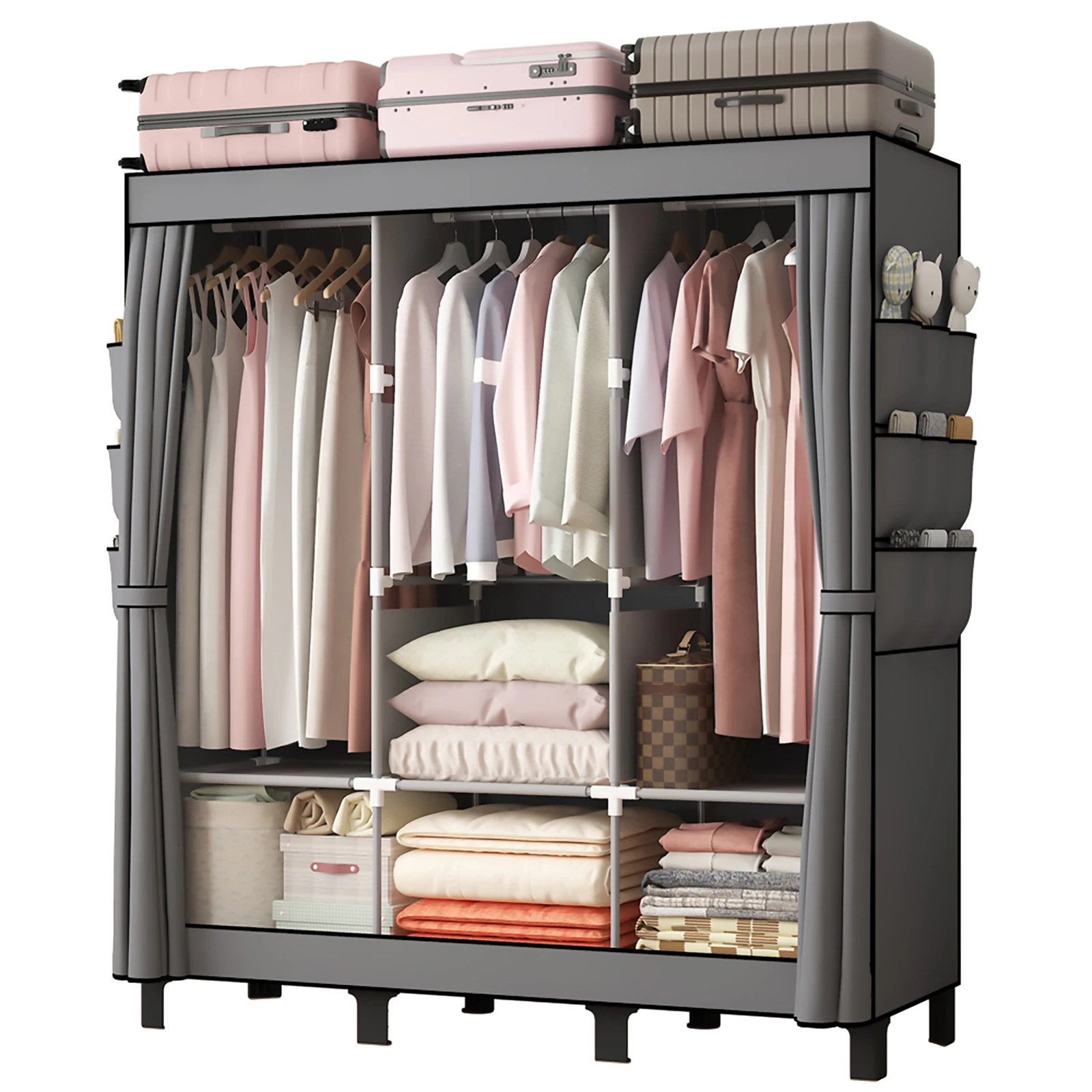 LOEFME Canvas Wardrobe for Bedroom, Folding Wardrobe with 2 Hanging Rails and 18 Side Bags, 172 * 130 * 45cm Fabric Closet