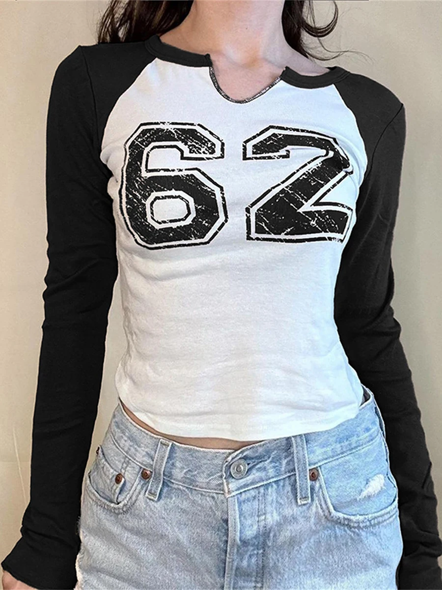 Women s V-Neck T-Shirts Number Print Raglan Long Sleeves Vintage Casual Crop Tops