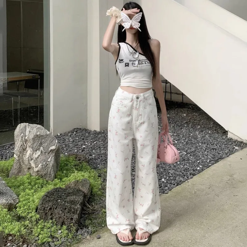 

Винтажные брюки абрикосового цвета с высокой талией, широкие джинсовые джинсы с цветочным принтом, женские свободные прямые летние весенние корейские повседневные джинсы