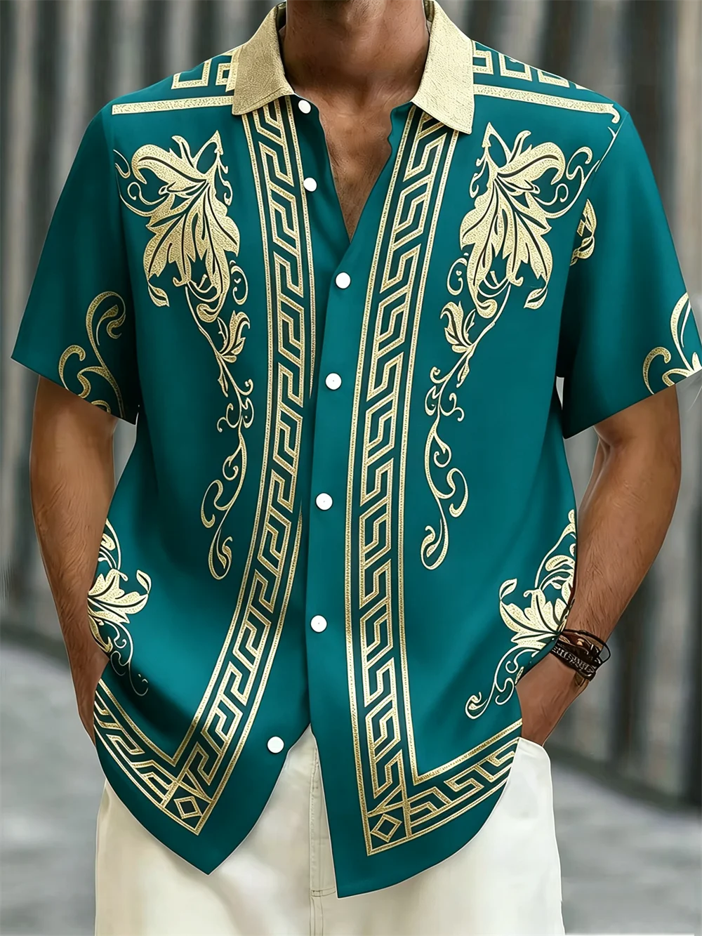 New men's retro vertical striped short sleeved shirt with texture for vacation beach daily lapel cardigan top