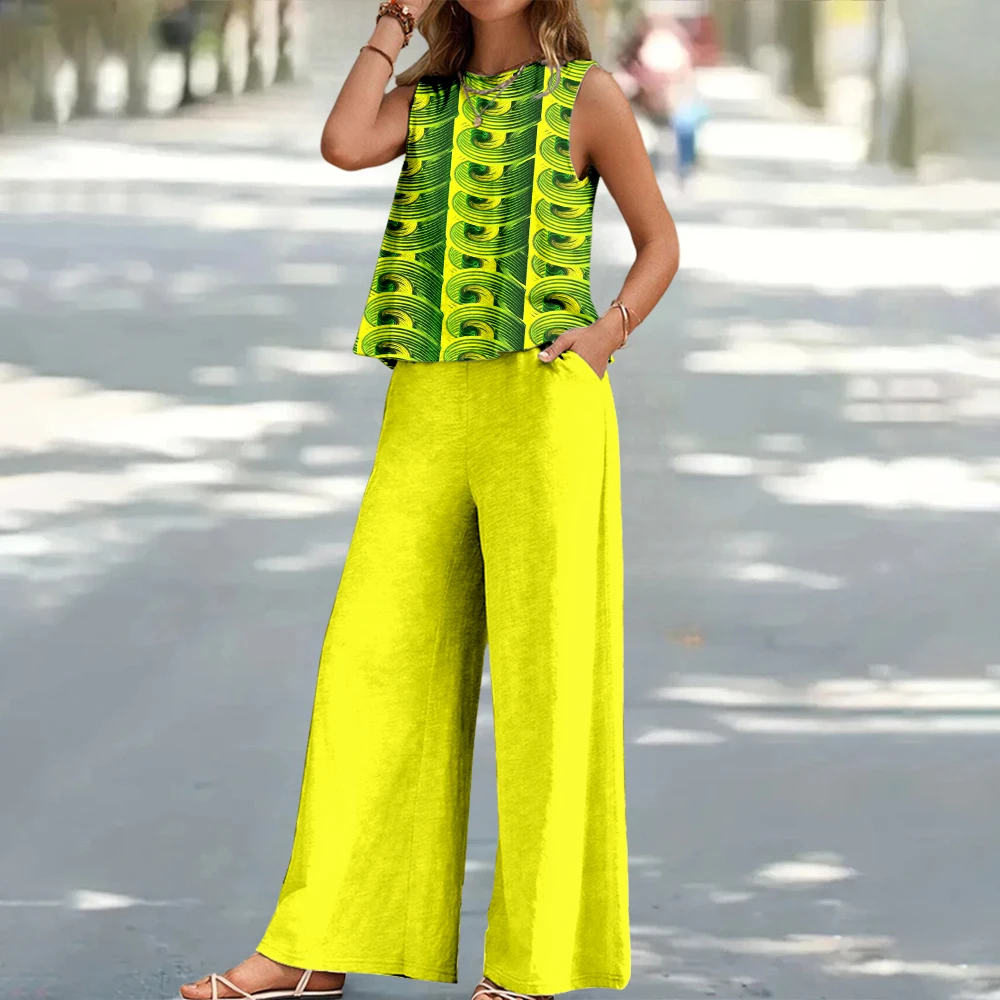

Женский жилет без рукавов с абстрактным рисунком граффити и широкими брюками, летний повседневный модный топ и брюки, комплект из двух предметов