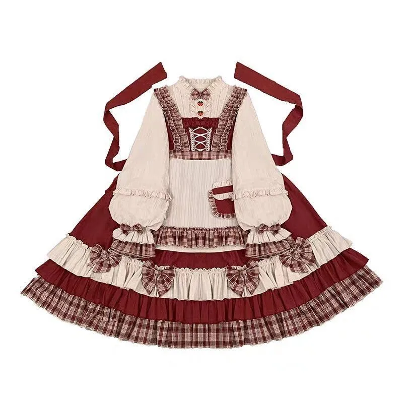 M-4XL Automne Hiver Berry Girl Lolita OP Robe Rouge À Capuche Everak Robe À Manches sulfÀ Volants Bord Splice Robe