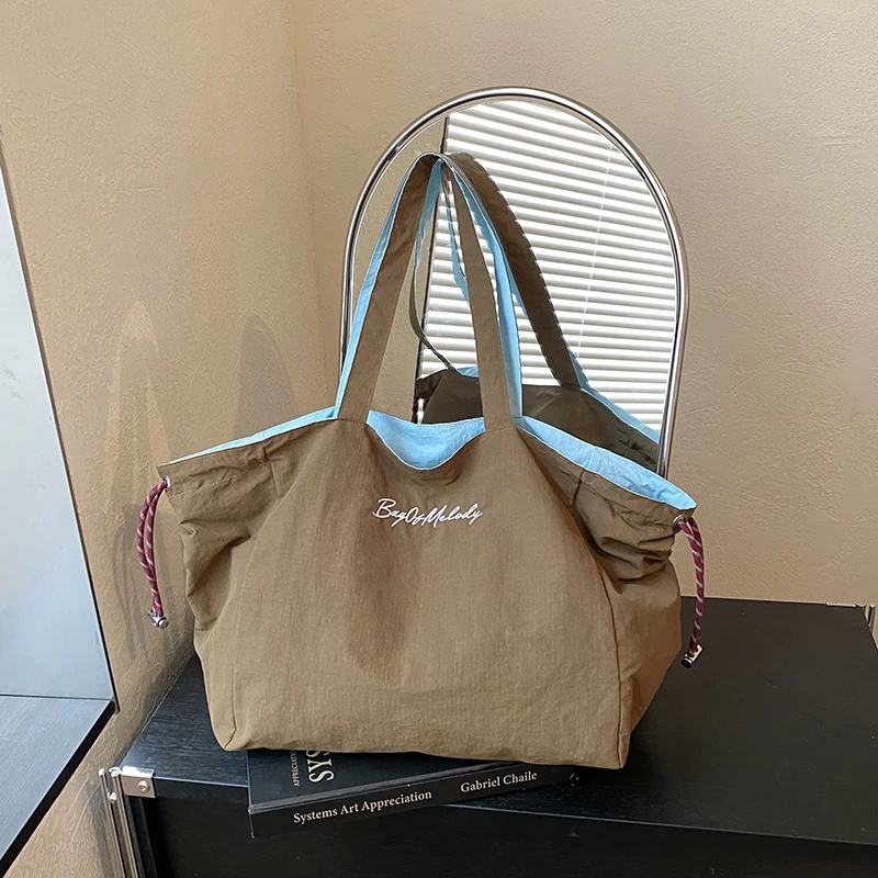 Reversible Two Tone Nylon Tote Bag Women Drawstring Large Capacity Casual Shoulder Bag Korean Lightweight Shopper Handbag