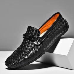 Leather Men Shoes Casual Flats Men Shoes Breathable Loafers Genuine Leather Slip Moccasins Comfortable Checkered embossing 2019