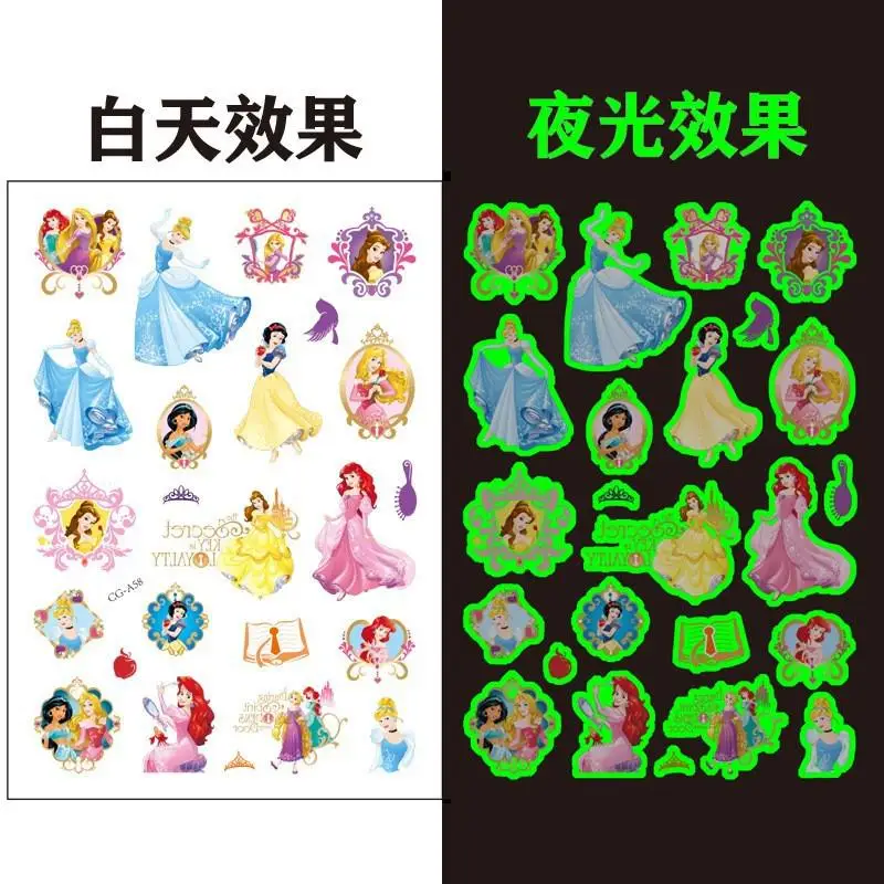 Disney Princess Luminous Tattoo Sticker, desenhos animados, congelado, Anna, braço, rosto, brilhante, crianças, corpo, 1pc