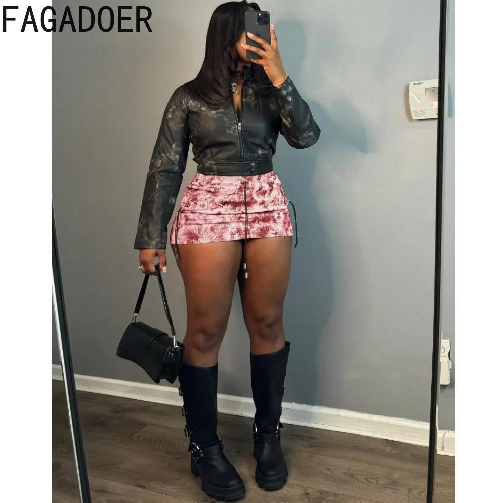 FAGADOER Summer New Tie Dye Printing Drawstring Ruched Mini Skirts Women High Waisted Button Skirts Female Slim Streetwear 2024