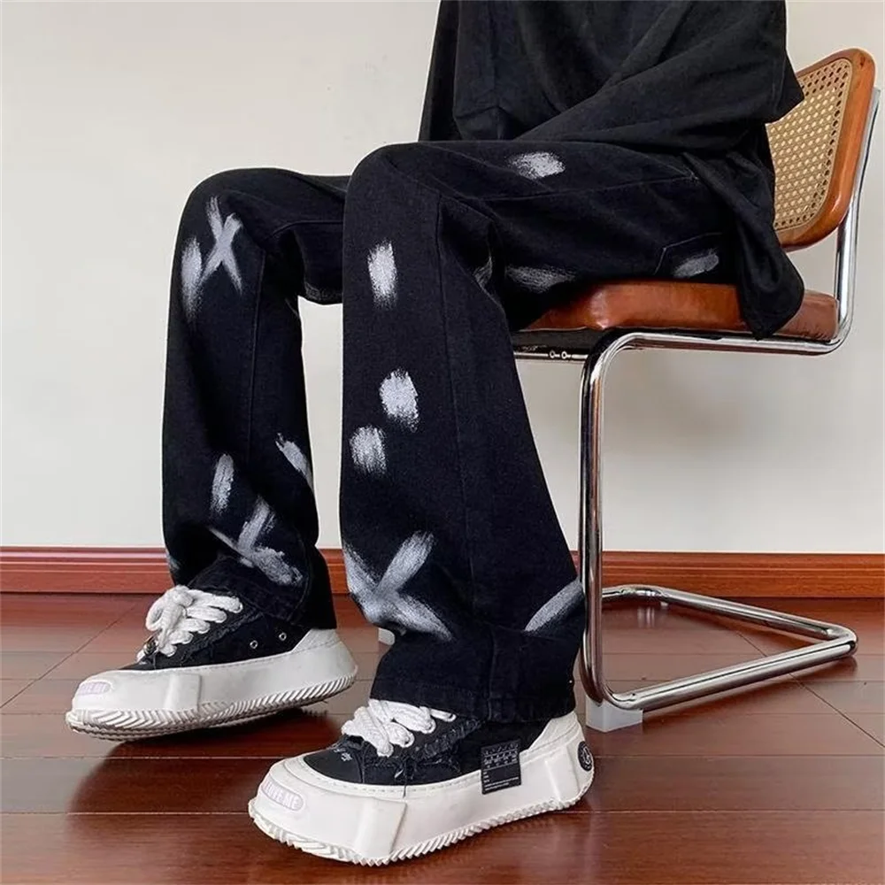 Younth Fashion Men Jeans 2022 Autumn and Winter Print Jacquard Jeans Men Mid Loose Straight Wide Leg Pants Men Clothing