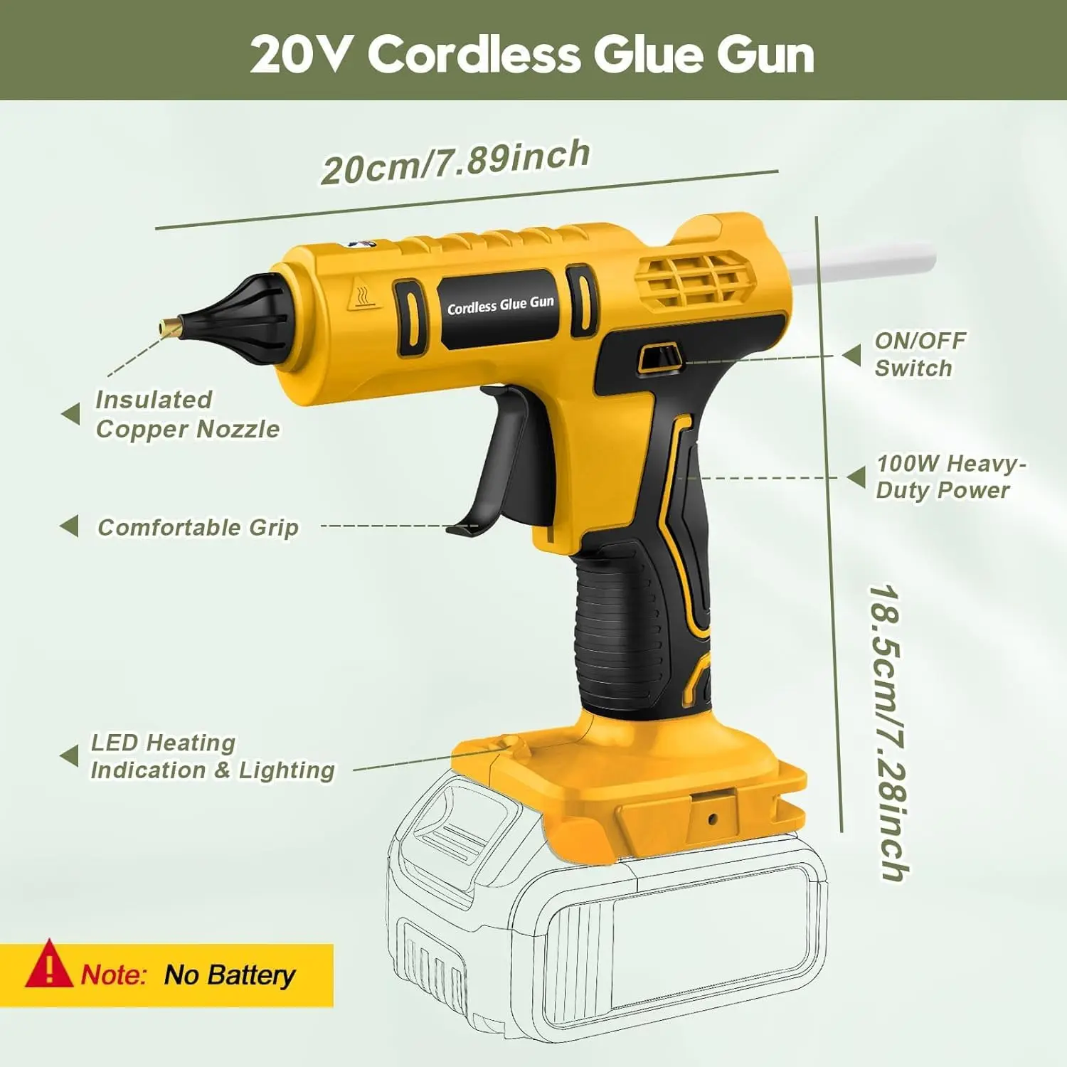 Pistola per colla a caldo senza fili da 100 W per batteria DeWalt da 20 V (NO batteria) Pistola per colla wireless a grandezza naturale con 12 stick di colla (11 mm)