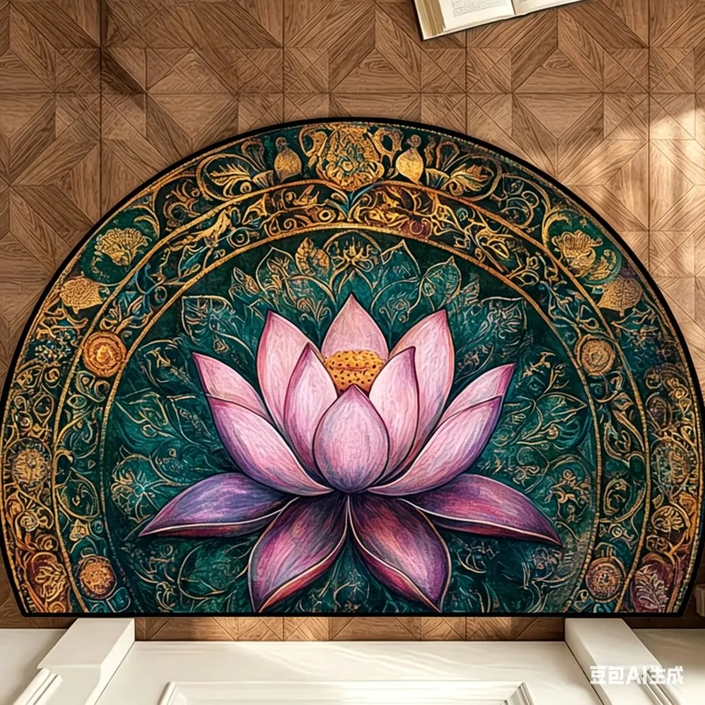 Bohemian Lotus Mandala Half Round Doormat Zen Style Welcome Mat Anti-Slip Entrance Rug Unique Half Moon Floor Carpet Decor