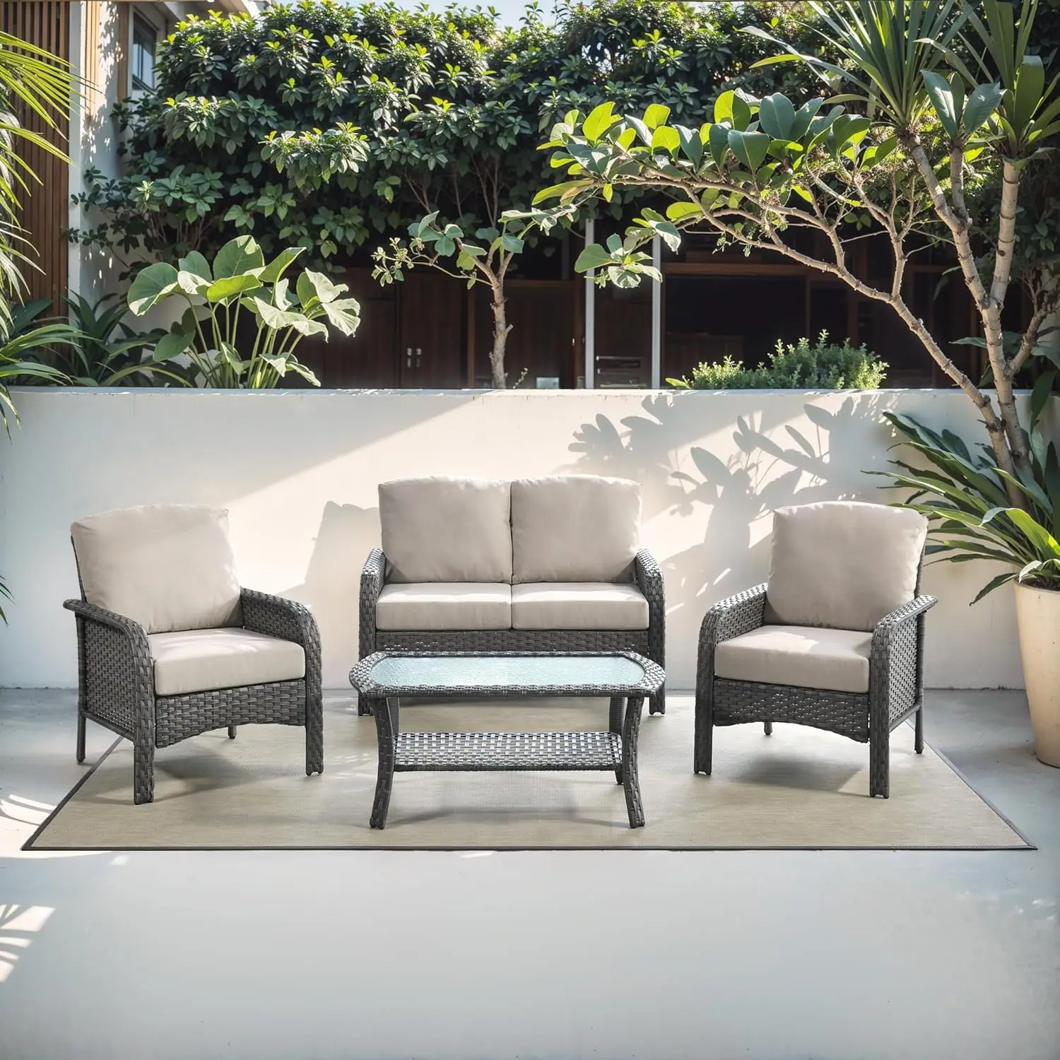 

Комплект мебели для патио, состоящий из 4 предметов с журнальным столиком, диван для бесед на открытом воздухе с всепогодным плетением, стулья из ротанга для садового балкона