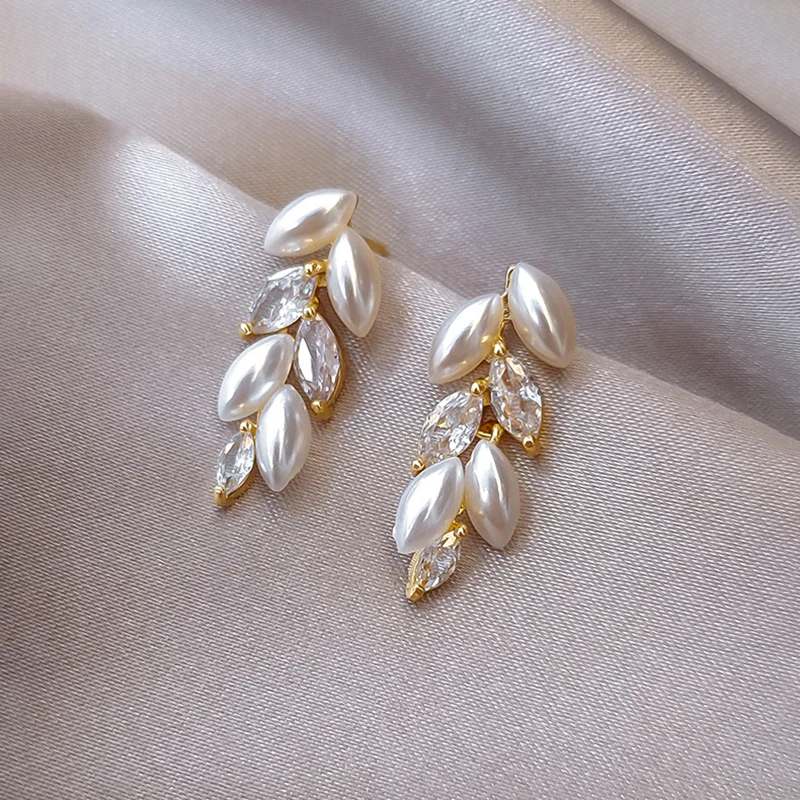 

French Elegant Clip on Earrings Without Piercing Wheat Zircon Pearl for Women Exquisite Wedding Party Earrings Jewelry Wholesale