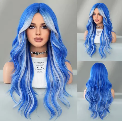 PARK YUN Long Loose Curly Blue Highlight Ash Wigs Middle Part Heat Resistant Synthetic Hair Wigs with Curtain Bangs