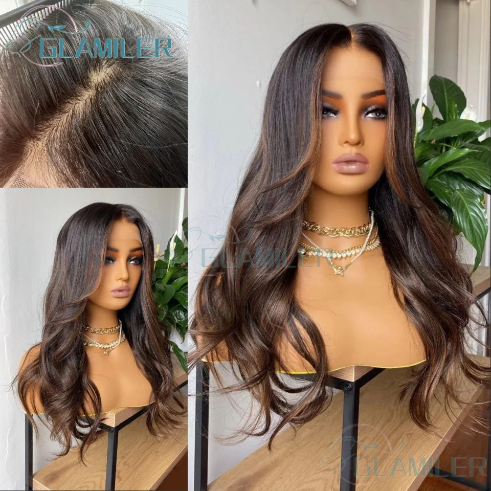 Highlight Ombre Lace Front Wig Human Hair 180% Density 1B/4 Dark Brown Mix Black Body Wave Human Hair Wig 13x6 Lace Front Wigs