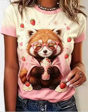 Women Gradient Short Sleeve T‑Shirt, Cute Red Panda Strawberry Drink Print O‑Neck Tee, Casual Loose Summer Tops