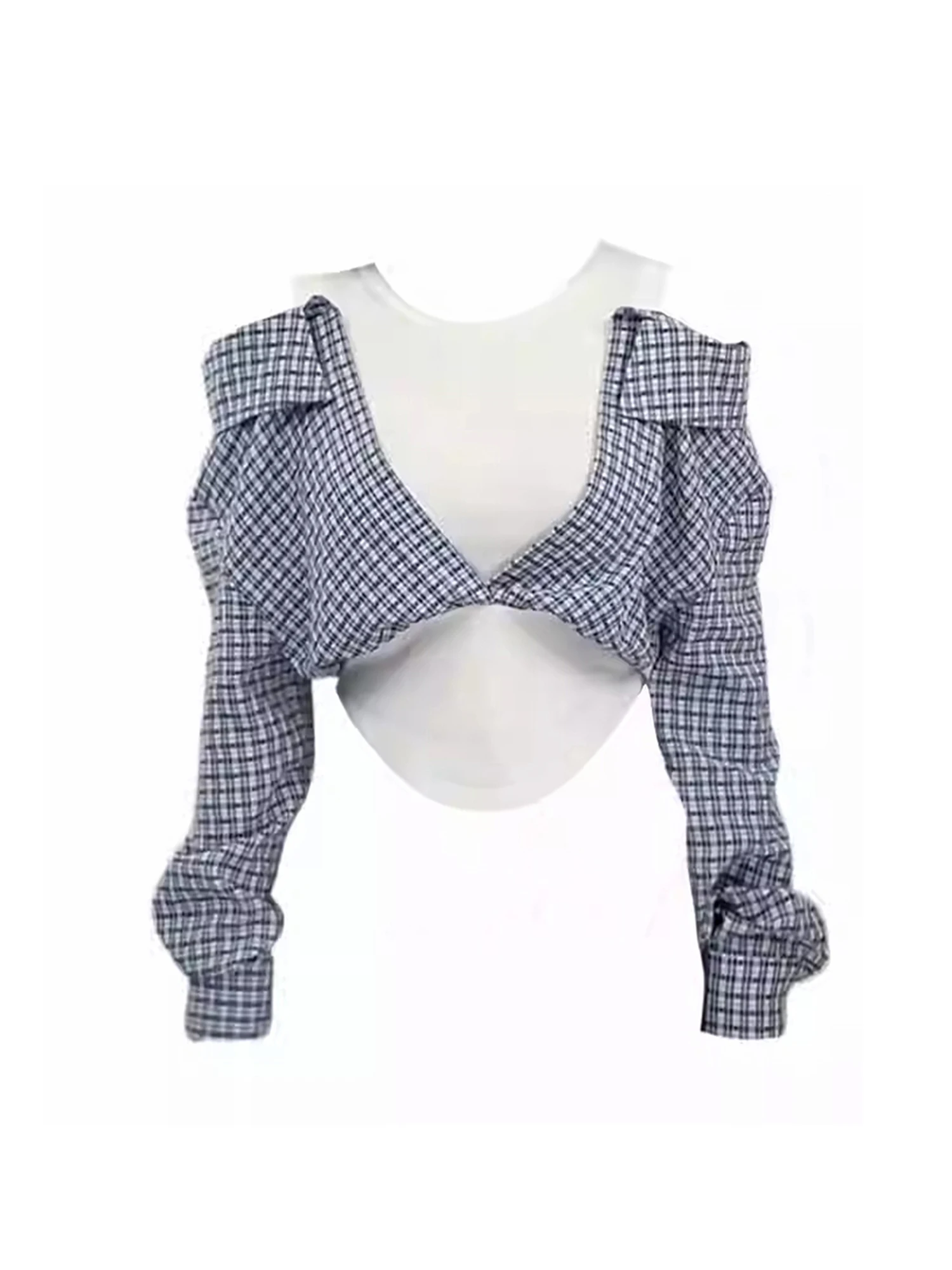 

Women Fake Two Pieces Patchwork Shirts and Blouses Y2k 90s Aesthetic Vintage 2000s Long Sleeve Gyaru Cropped Shirt Clothes 2025
