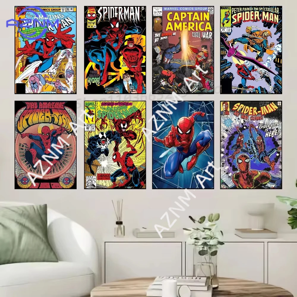 1pc Vintage Comics Superhero M-Marvel Spiderman Poster Self-adhesive Art Waterproof Paper Wall Decor