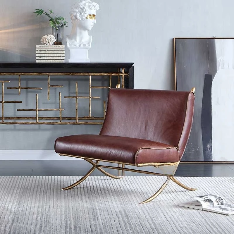 American retro hand-forged metal leather sofa chair top layer cowhide original ecology