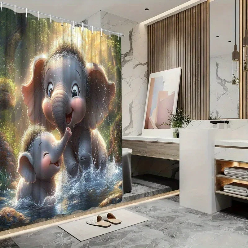 

~O~1pc Baby Elephants Shower Curtain - Adorable Splash Design, 70.8x70.8", Polyester, 12 Hooks, Washable, Forest Stream Theme