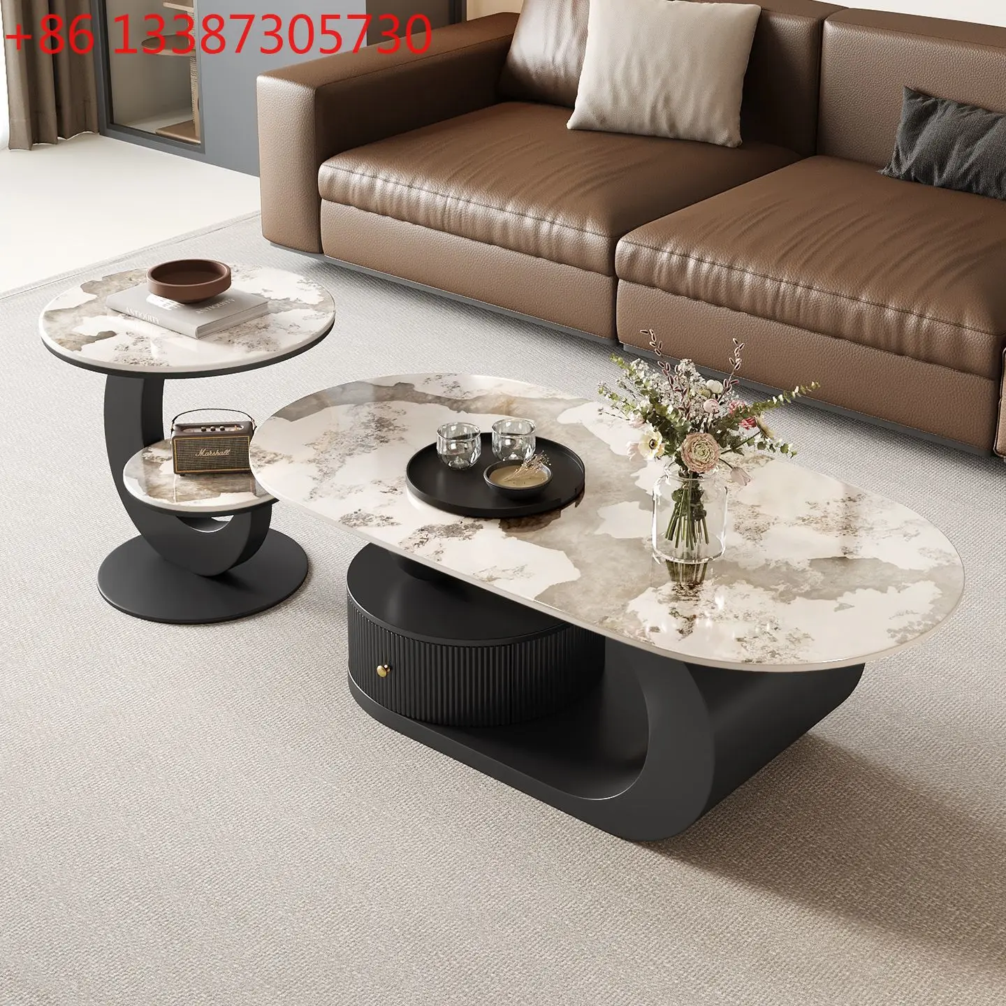 

Легкий роскошный современный элитный овальный журнальный столик из каменной плиты для гостиной в малогабаритной квартире