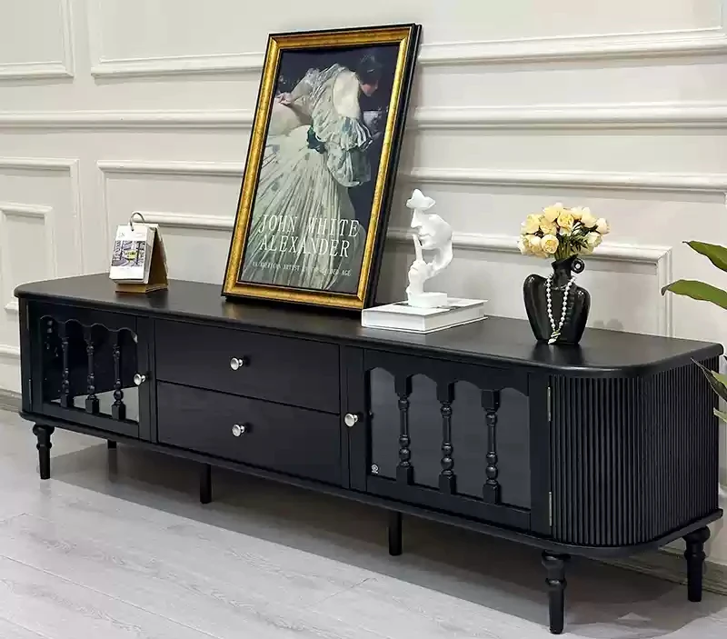 

French retro pure solid wood TV cabinet black small apartment
