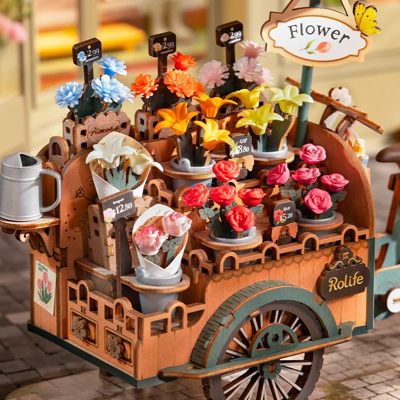 Robotime Rolife Blossom Cart with Multi Flowers 3D Wooden Puzzle Toys for Girls Hands Craft Home Decoration Best Hand-made Gifts