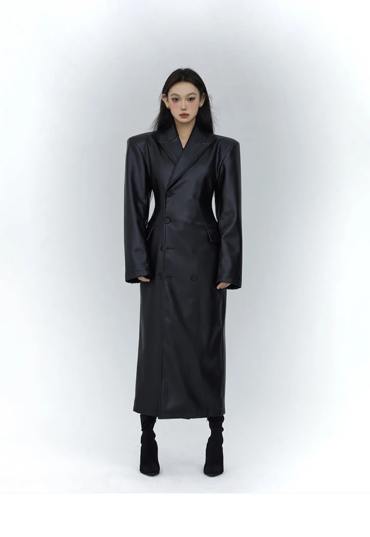 

Spring Autumn Long Black Fitted Soft Pu Leather Trench Coat for Women with Shoulder Pads Luxury Designer Clothing 2024