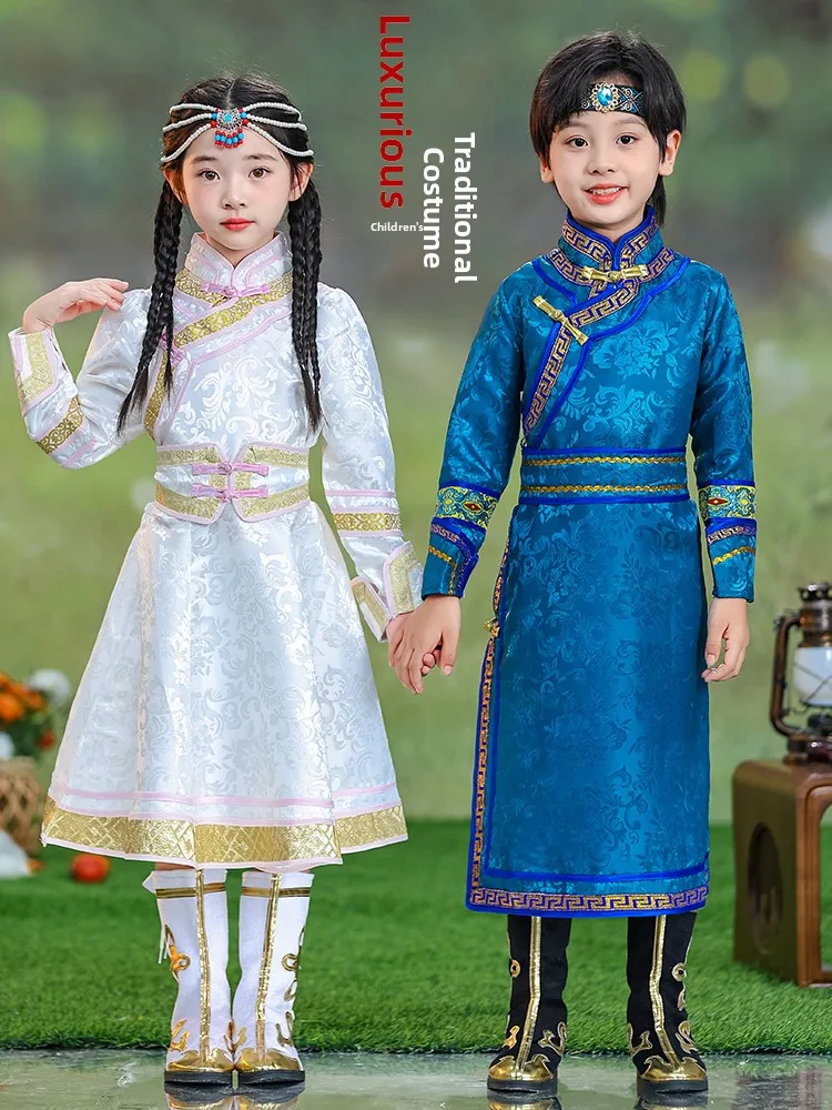 

Children's Dance Performance Outfits Mongolian Ethnic White Clothing for Boys And Girls Tibetan Grassland Traditional C...