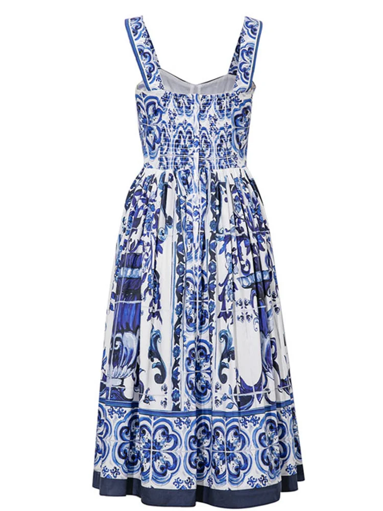 MYSIMLOCHIC Summer Blue And White Porcelain Flower Printing Cotton Long Dress Women Straps Zipper Elastic Backless Midi Vestidos