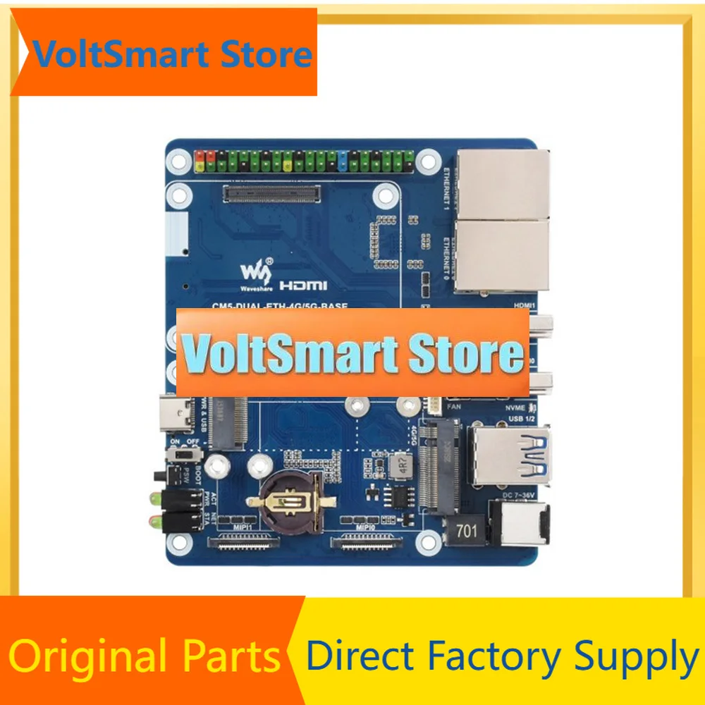 VoltSDual Ethernet Base Board For Raspberry Pi CM5 Supports 4G / 5G Module Dual 4K Display Outputs And Dual MIPI Interfaces Onbo