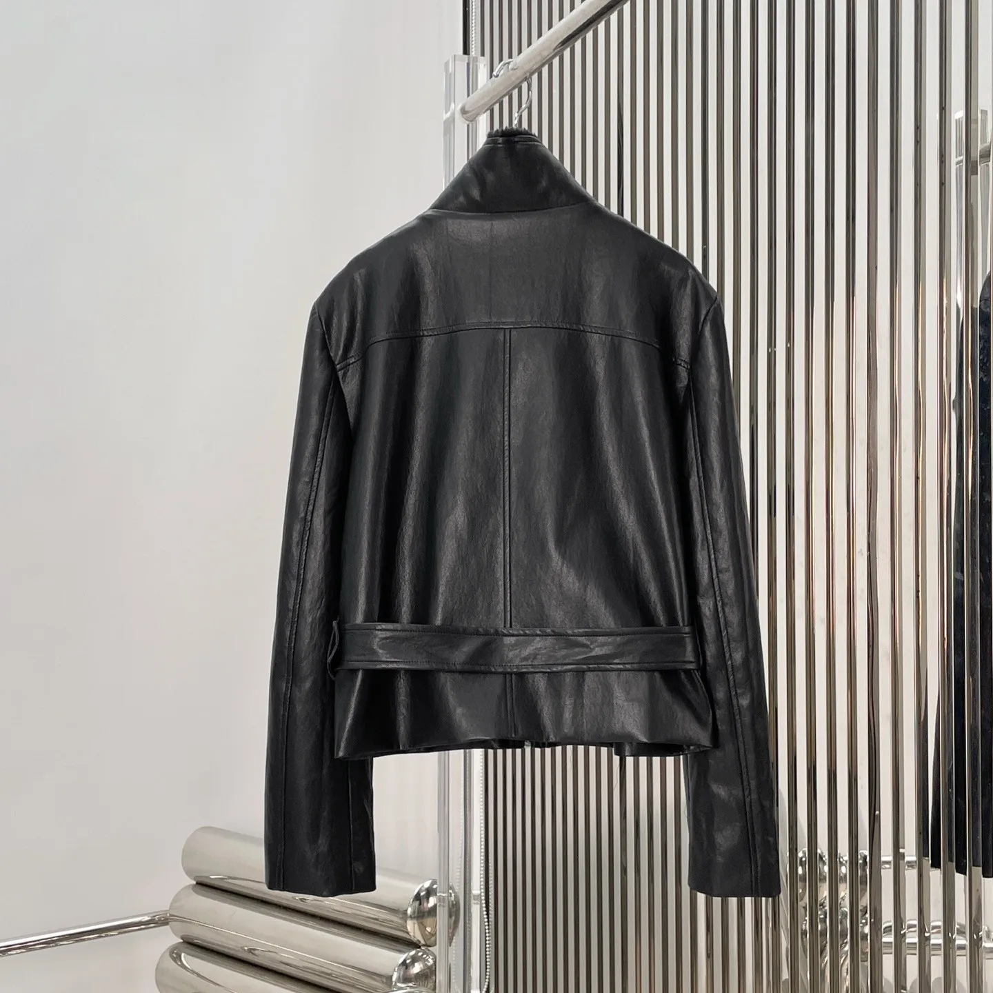 2026 New Style Women's Matching Set: Belted Fleece-Lined Stand Collar Leather Jacket + Faux Leather Cargo Pocket Mini Skirt