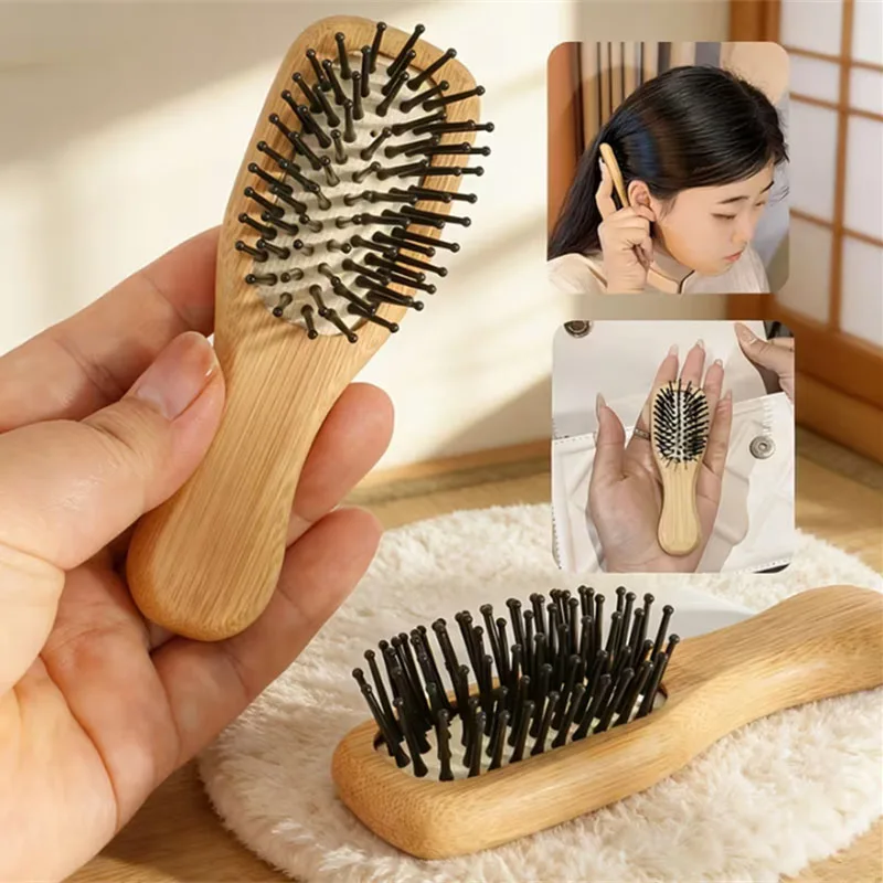 Bamboo Air Cushion Massage Comb Mini Soft Round Pin Hair Detangling Pocket Combs Anti Static Scalp Massager Hair Styling Brush