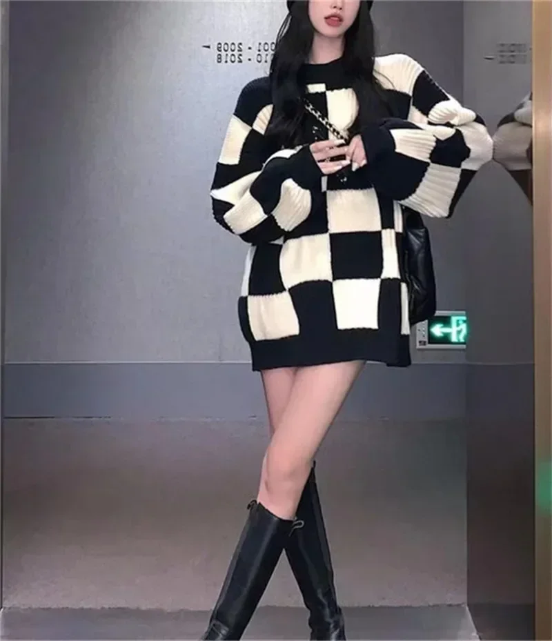 Spring Autumn Women Checkerboard Knitted Sweater Autumn Korean Casual Warm Loose Long Sleeve Top Female Streetwear Y2k Clothes