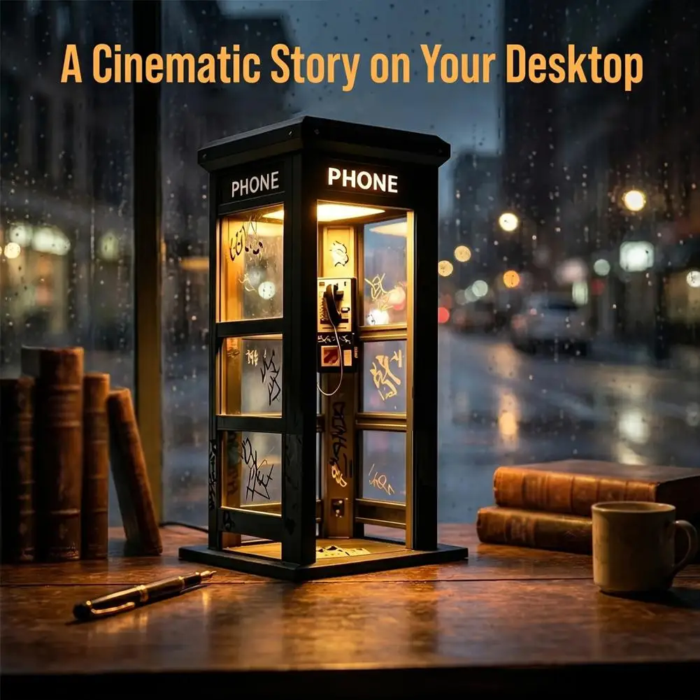 Retro Vintage Phone Booth Night Light Industrial Style Table Lamp Warm Ambient Lighting Desktop Art Decor for Bedroom Office